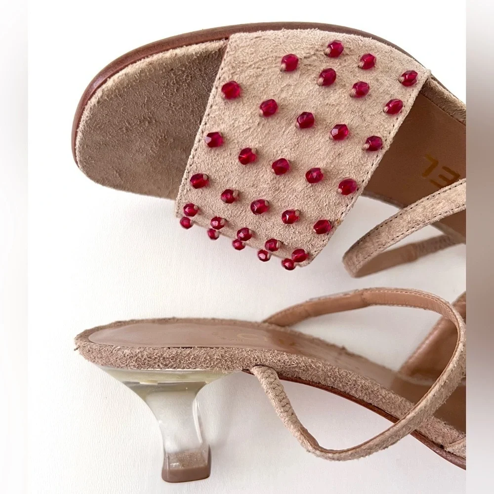 CHANEL | Vintage Y2K Tan Suede Red Embellished Mule Lucite Kitten Heel Sandal